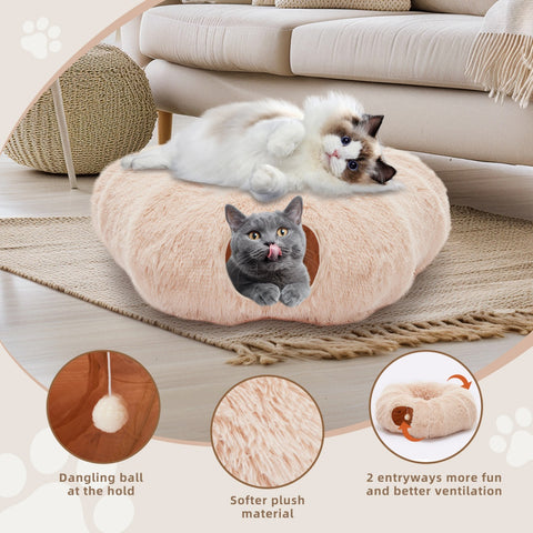 Cat lying on a plush beige pet bed with additional details about the product.