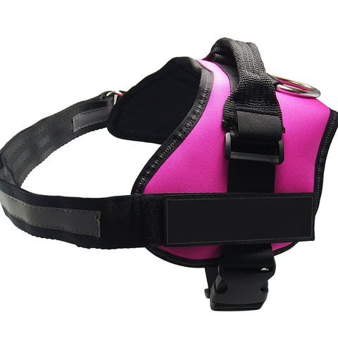 Purple dog harness with black straps on a white background