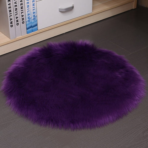 Purple fluffy rug on a dark floor with a shelf in the background