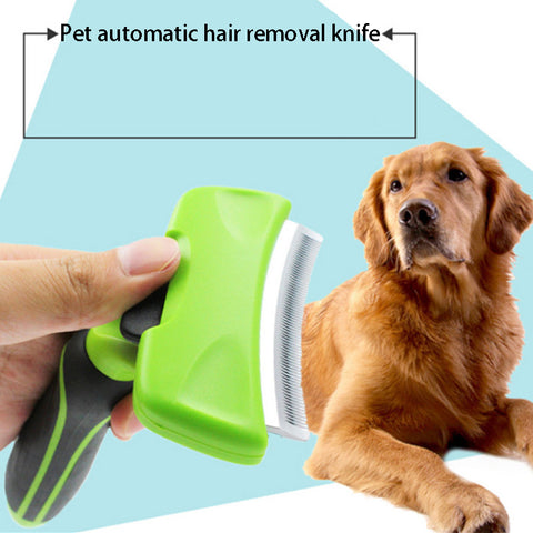 Pet automatic hair removal knife with a dog on a light blue background