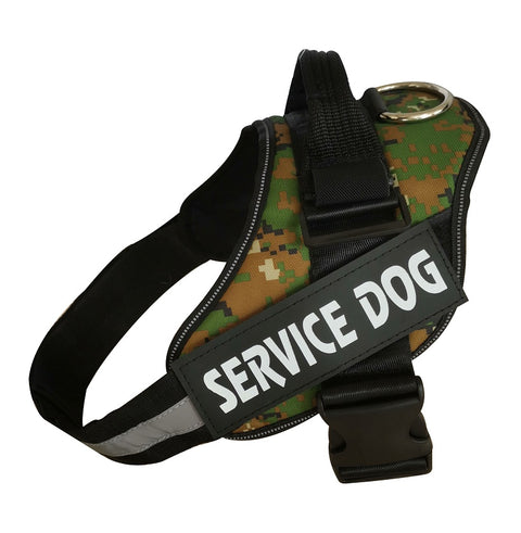 Service dog harness with camouflage pattern and 'SERVICE DOG' label on a white background