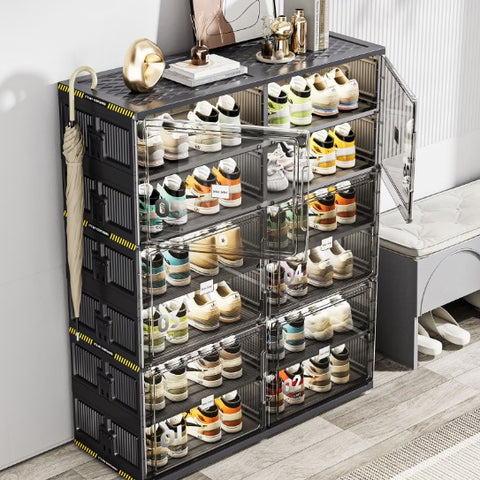 6 Layers Of 24 Pairs Of Hard Plastic Shoe Storage Cabinet, Large Stackable And Foldable Sneaker Shoe Box Storage Cabinet