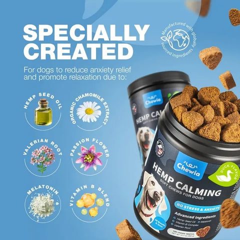 Hemp calming treats for dogs with ingredients listed on a blue background