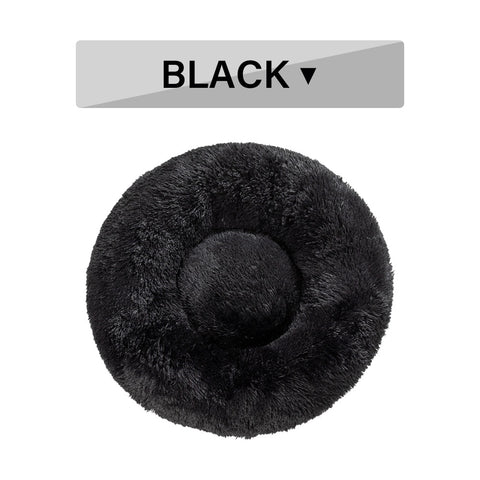 Black fluffy donut cushion with a label indicating 'BLACK' on a white background