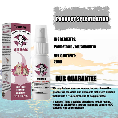 Yegbong instant fly repellent spray and packaging with product specifications on a white background.