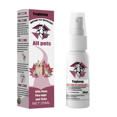 Yegbong instant fly repellent for all pets with packaging and bottle on a white background