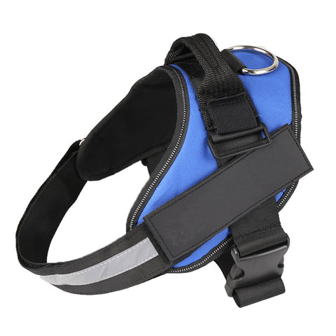 Blue and black dog harness with reflective stripes on a white background