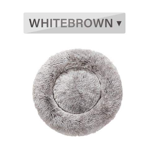 Fluffy gray pet bed with 'WHITEBROWN' label on a white background