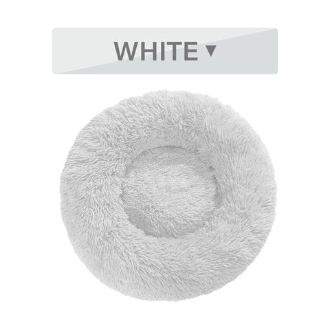 Fluffy white donut-shaped pet bed with 'White' label on a white background