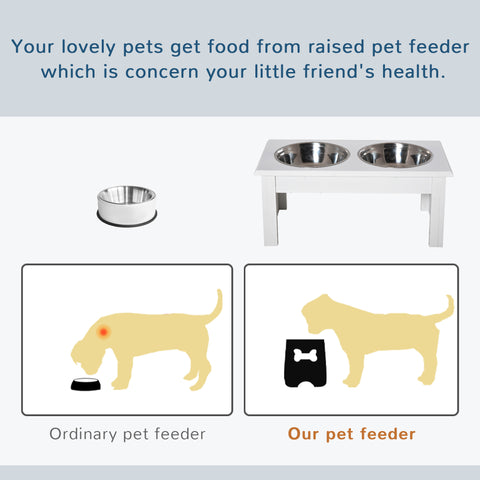 Pet feeder comparison with text highlighting health concerns and a diagram of a dog using an ordinary and raised pet feeder.
