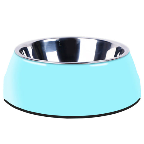 Blue pet bowl with metal interior on a white background