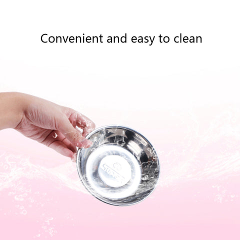 Hand holding a metallic bowl with text 'Convenient and easy to clean' on a pink gradient background