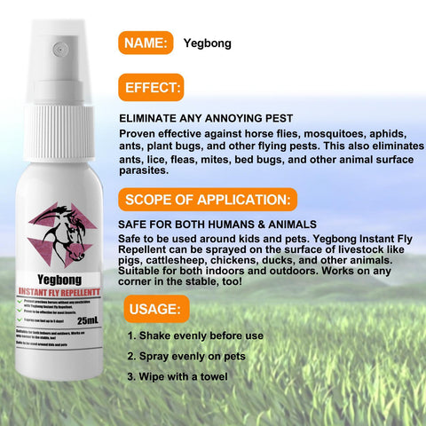 Yegbong instant fly repellent spray bottle with product details on a grassy background