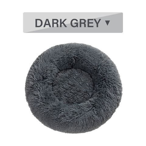 Dark grey pet bed with a label indicating the color on a white background
