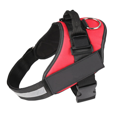 Red and black dog harness with reflective strip on a white background