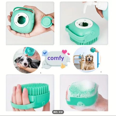 Collage of a green pet grooming tool with various uses and branding.