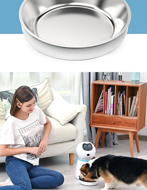 Stainless steel bowl on a white background with a woman and dog in a living room setting.