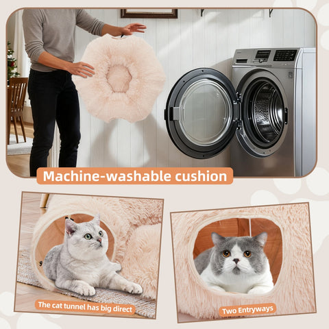 Collage of a machine-washable cushion, washing machine, and cats using the cushion.