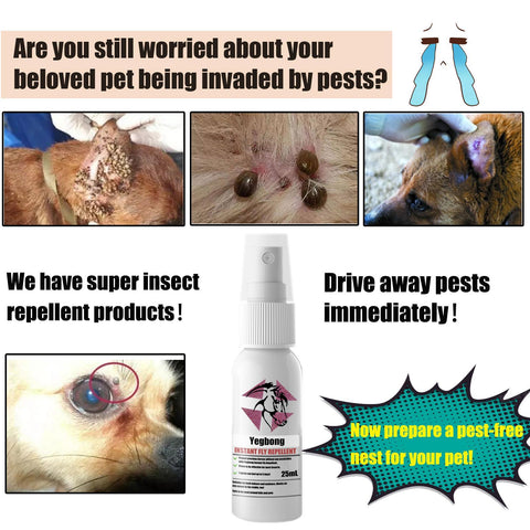 Advertisement for insect repellent product for pets with images of pests on a dog's skin.