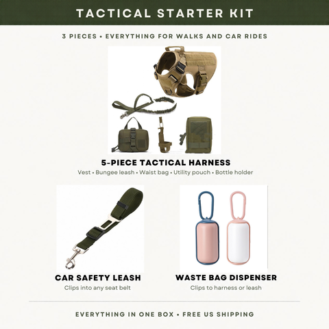 Tactical Starter Kit — 5-Piece Harness, Car Safety Leash & Waste Bag Dispenser