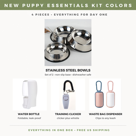 New Puppy Essentials Kit — Bowls, Water Bottle, Clicker & Waste Bag Dispenser