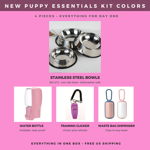 New Puppy Essentials Kit — Bowls, Water Bottle, Clicker & Waste Bag Dispenser