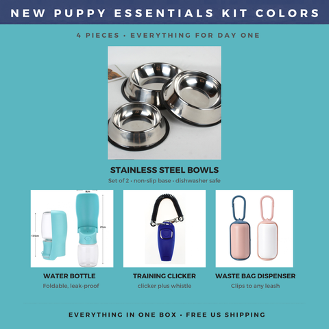 New Puppy Essentials Kit — Bowls, Water Bottle, Clicker & Waste Bag Dispenser