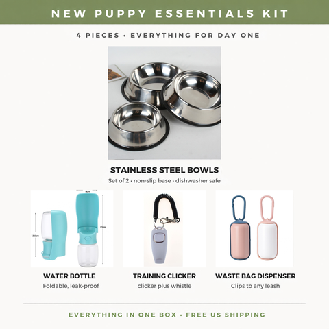 New Puppy Essentials Kit — Bowls, Water Bottle, Clicker & Waste Bag Dispenser