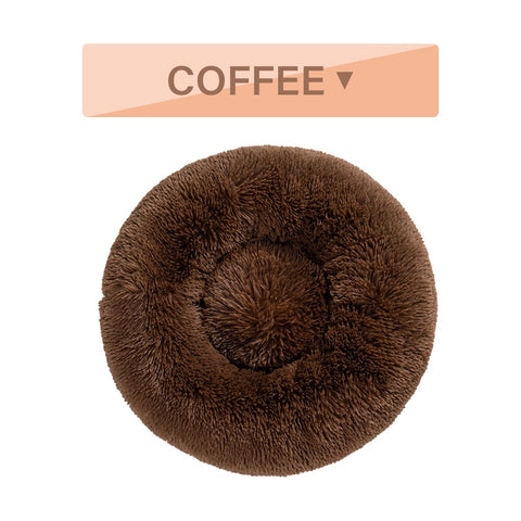 Brown fluffy pet bed with a 'Coffee' label on a white background