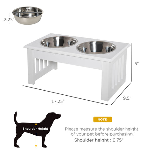 White pet feeding station with two stainless steel bowls, dimensions, and a dog silhouette for shoulder height measurement.