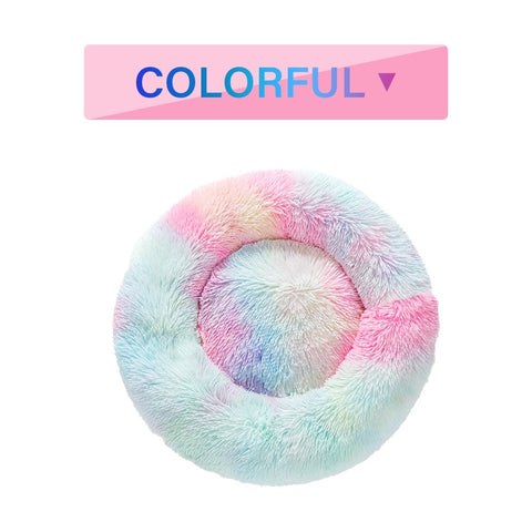 Multicolored fluffy pet bed with a 'Colorful' label on a white background