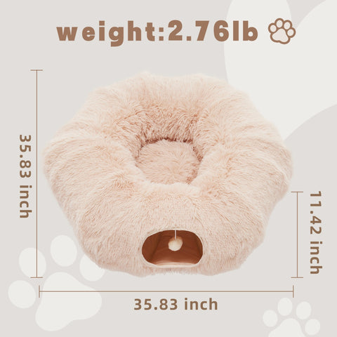 Fluffy pink donut-shaped pet bed with measurements and weight displayed on a light gray background.