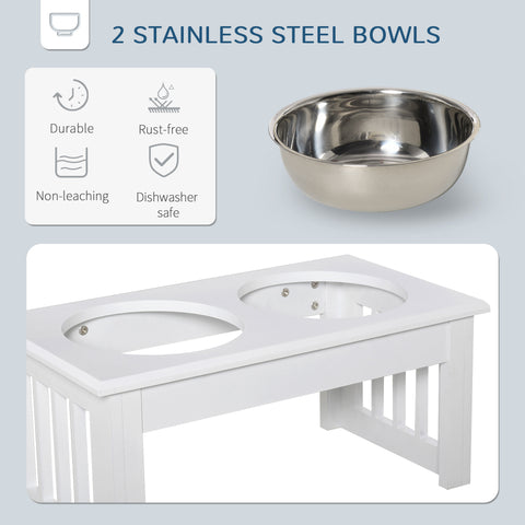 White elevated pet feeder with stainless steel bowls on a light gray background