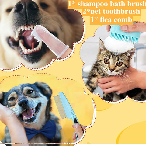 Pet grooming products including shampoo, brush, and comb with images of a dog and cat on a yellow background.