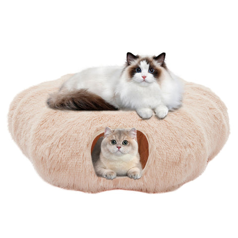 Two cats on a plush donut-shaped pet bed with a white background