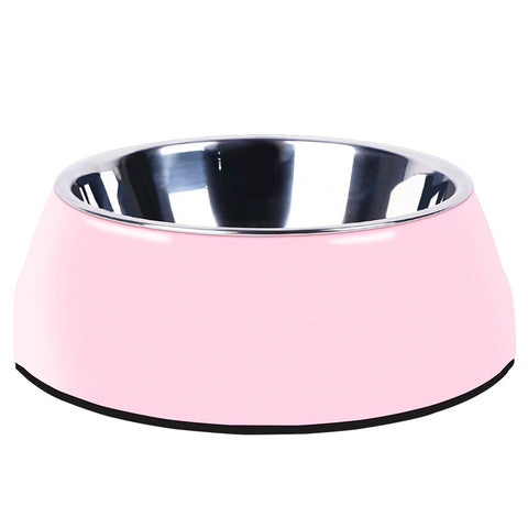 Pink pet bowl with a silver interior on a white background