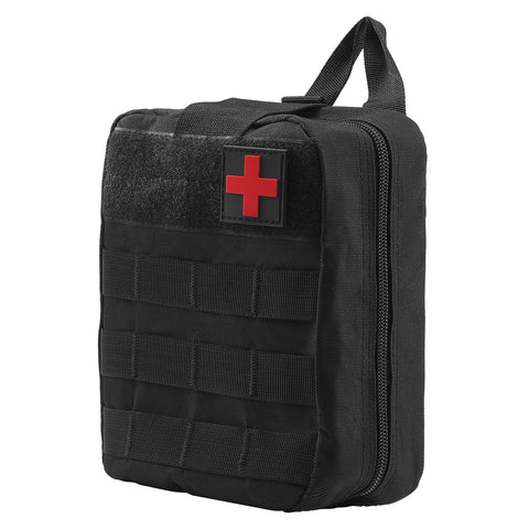 Black tactical first aid kit with a red cross patch on a white background