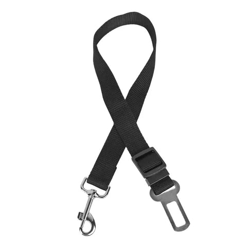 Single black adjustable pet safety lead with a silver snap hook and a metal car buckle on white background
