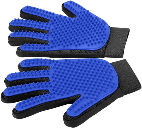 Pair of blue pet grooming gloves with soft silicone tips on the palm and black mesh backs with wrist cuffs