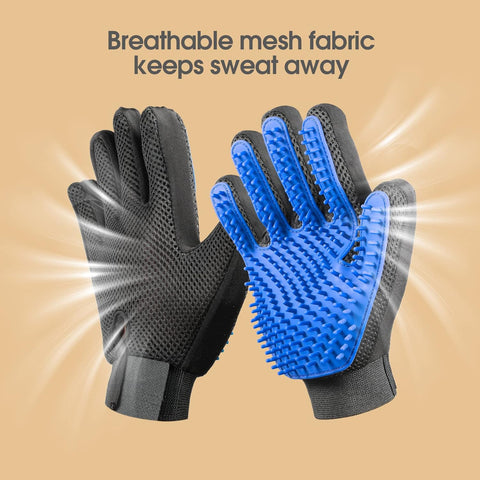 Gray and blue pet brush gloves shown on a tan background with text about breathable mesh fabric that keeps sweat away