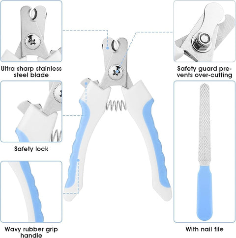 Pet nail clippers with safety features highlighted on a white background