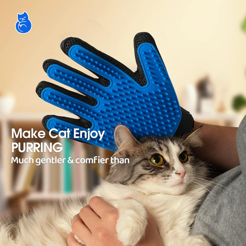 Hand in a blue grooming glove stroking a calm cat with a headline about making a cat enjoy the purring session