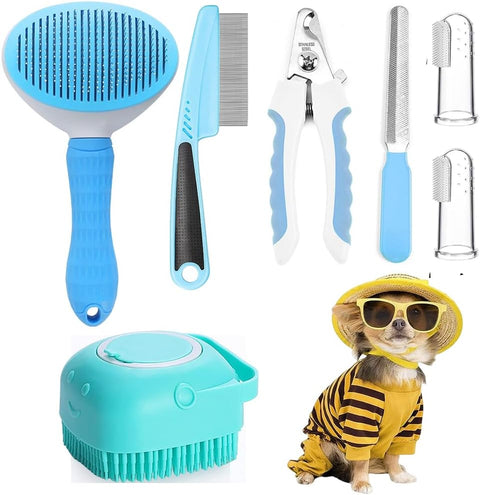Set of pet grooming tools with a small dog wearing a bee costume on a white background