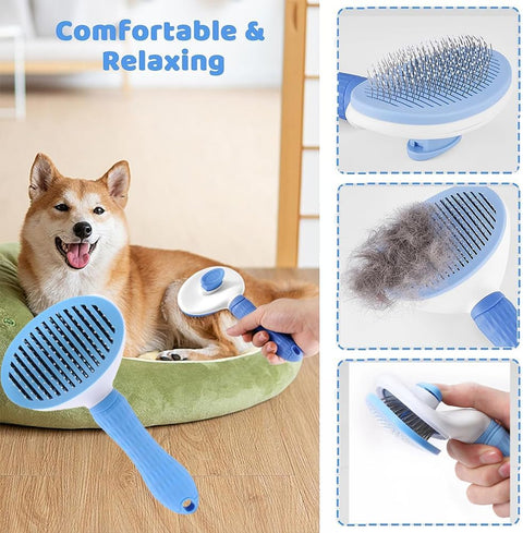 Pet grooming brush with a dog using it, showing fur removal and comfort features.