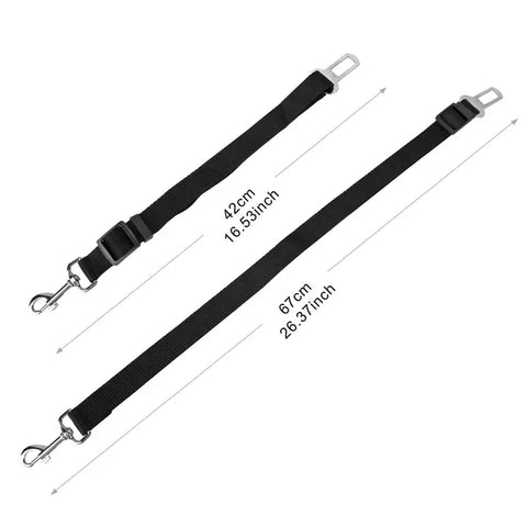 Two black seat belt leads sized 42 cm (16.53 inch) and 67 cm (26.37 inch) with snap hooks
