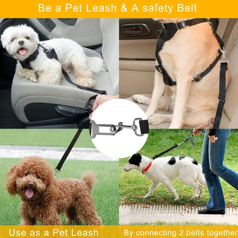 Black safety belt used as a car seat belt for dogs and as a leash when two belts are joined