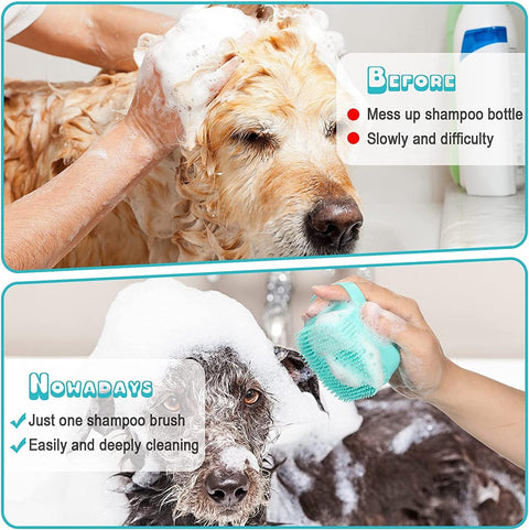 Before and after comparison of a dog being washed with a shampoo brush.