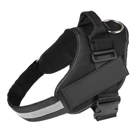 Black dog harness with reflective strip on a white background