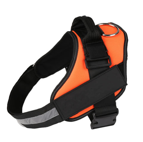 Orange dog harness with reflective black trim on a white background