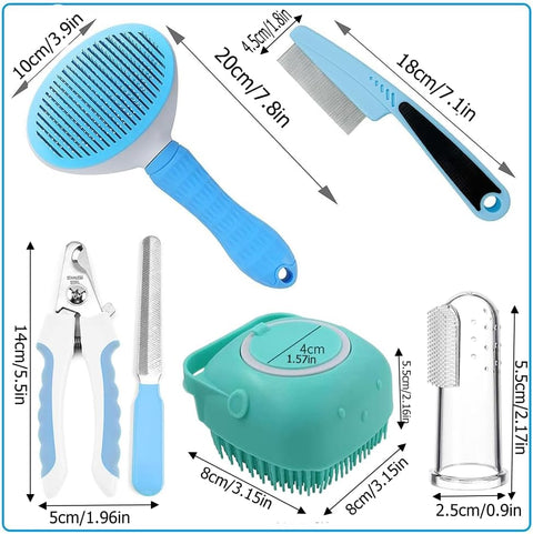 Set of pet grooming tools with measurements on a blue background